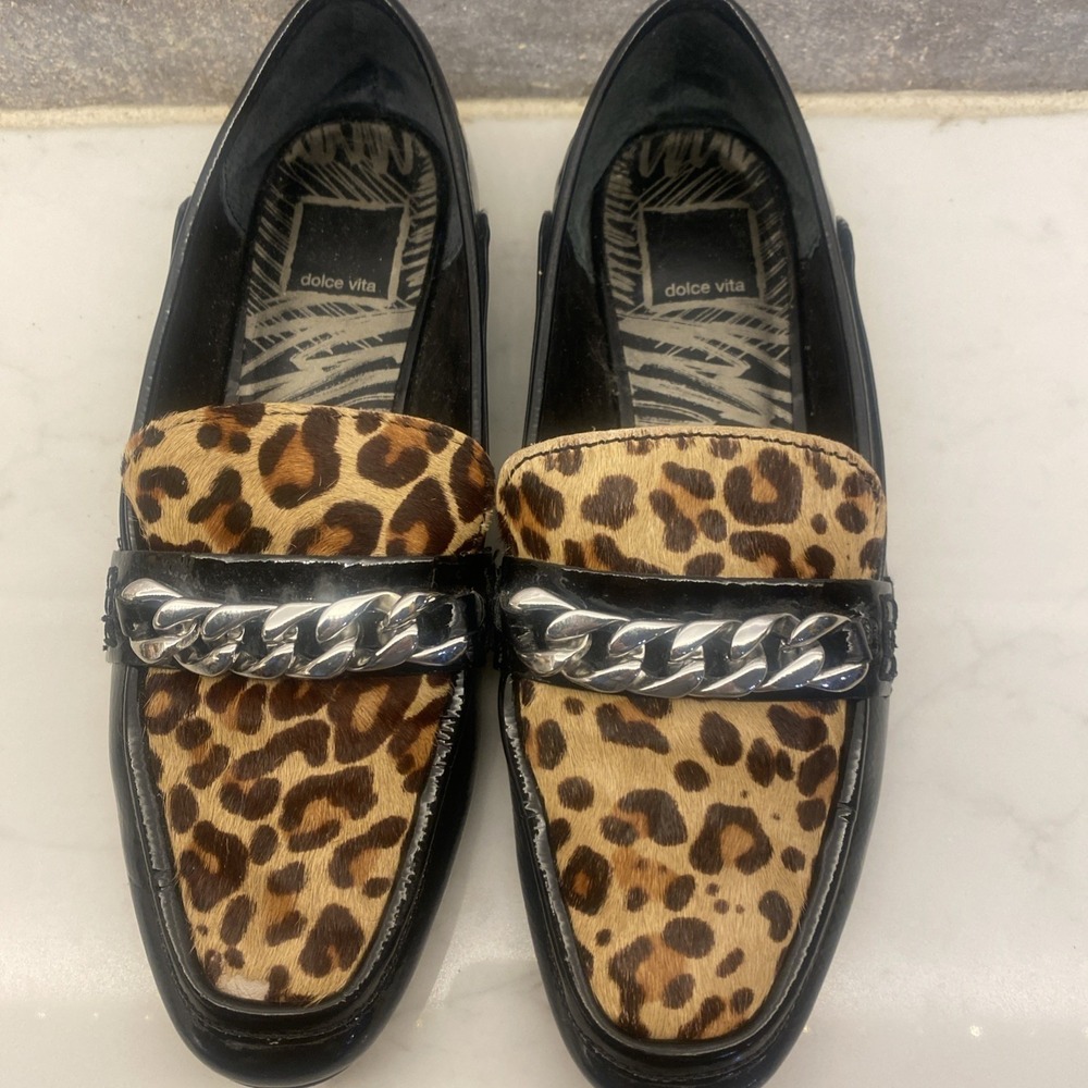 Dolce Vita Womens Leopard Calf Hair Patent Leather Chain Link Loafers Black Sz 7 - Picture 3 of 7
